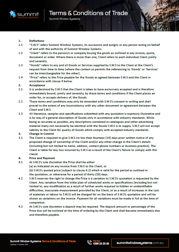 Summit Windows - Terms and Conditions of Trade v.1.2.1